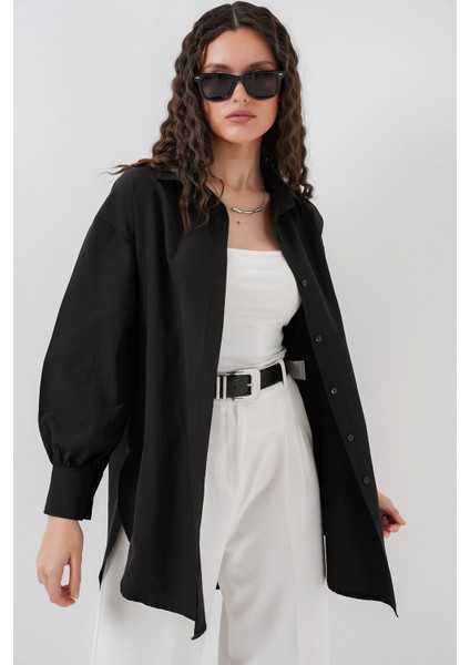 Kadın Bdart Düğmeli Uzun Geniş Poplin Gömlek Siyah