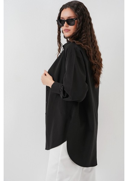 Kadın Bdart Düğmeli Uzun Geniş Poplin Gömlek Siyah modelleri