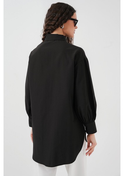Kadın Bdart Düğmeli Uzun Geniş Poplin Gömlek Siyah
