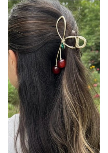 Altın Renk Kirazlı Metal Zarif Saç Tokası