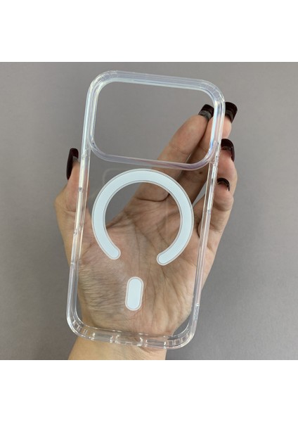 Iphone 17 Pro Max Uyumlu Şeffaf Beyaz Kamera Kısmı Açık Mika Sert Magsafe Kılıf