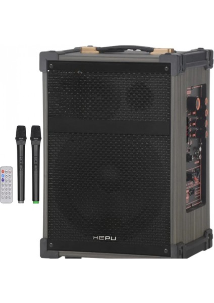 Hepu HP-977 Partybox Bluetooth Hoparlör 12 Woofer 50W Güç 2 Kablosuz Mikrofon Kumanda