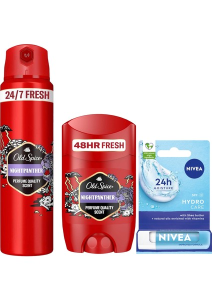 Night Panther Erkekler Için Deodorant Stick 50 ml ve 150 Deodorant + Nıvea Dudak Kremi Renksiz