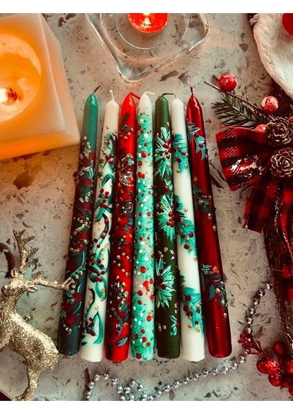 7'li El Çizimi Christmas Yılbaşı Mum Takımı