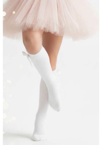 Kız Çocuk Fiyonk Detaylı Diz Altı Çorap / Beyaz AR-0090.1