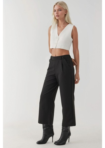 Kadın Düğme Detaylı Yüksek Bel Pantolon Siyah