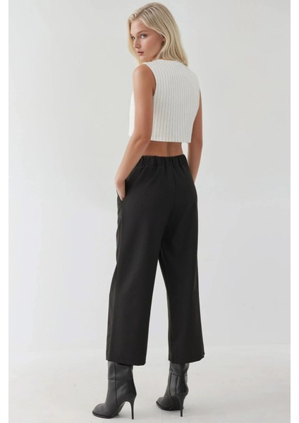 Kadın Düğme Detaylı Yüksek Bel Pantolon Siyah