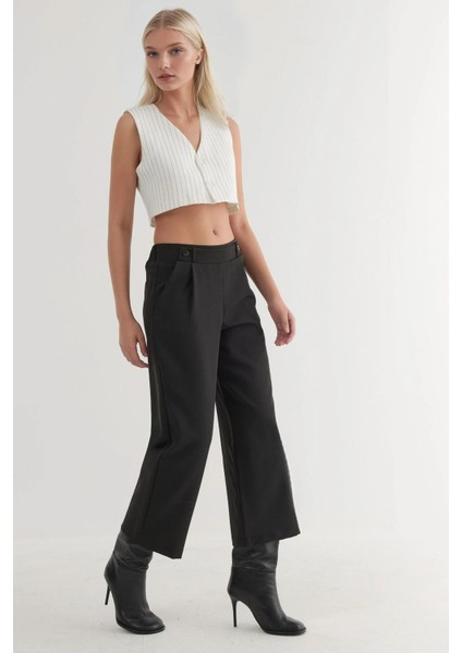 Kadın Düğme Detaylı Yüksek Bel Pantolon Siyah