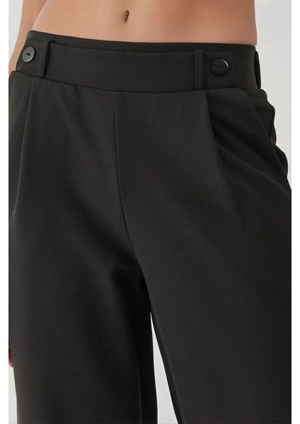 Kadın Düğme Detaylı Yüksek Bel Pantolon Siyah