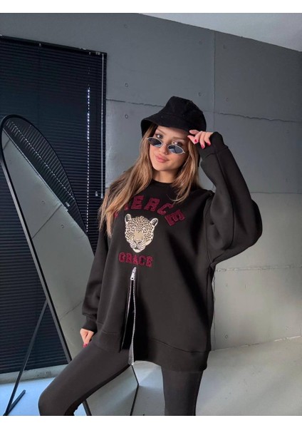 Fermuarlı Leopar Baskılı Oversize Siyah Sweat