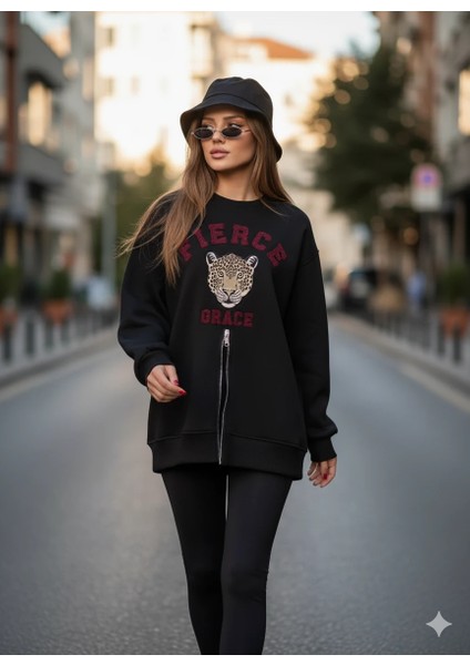 Fermuarlı Leopar Baskılı Oversize Siyah Sweat fiyatları