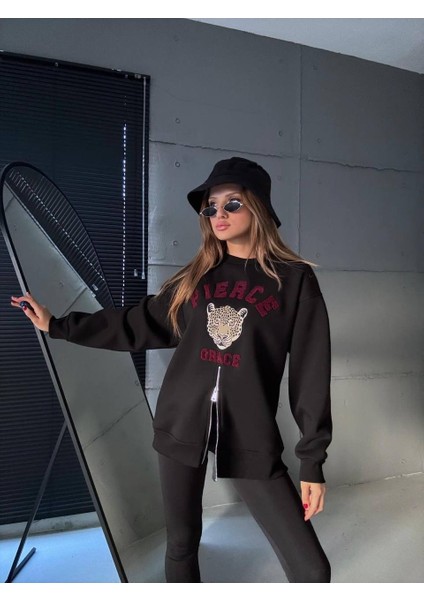 Fermuarlı Leopar Baskılı Oversize Siyah Sweat modelleri
