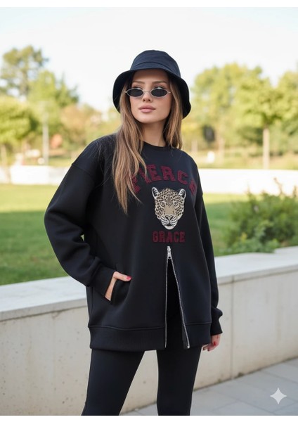 Fermuarlı Leopar Baskılı Oversize Siyah Sweat fırsatları