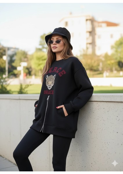 Fermuarlı Leopar Baskılı Oversize Siyah Sweat indirimleri