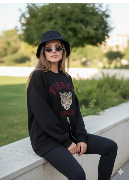 Fermuarlı Leopar Baskılı Oversize Siyah Sweat