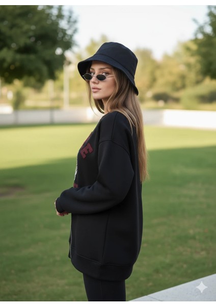 Fermuarlı Leopar Baskılı Oversize Siyah Sweat