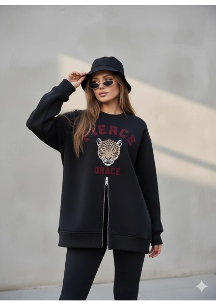 Fermuarlı Leopar Baskılı Oversize Siyah Sweat