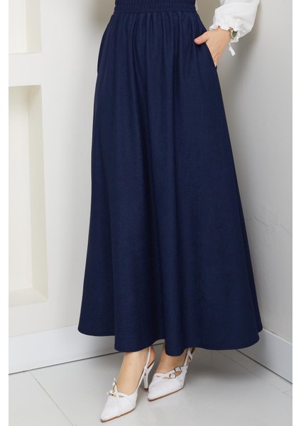Lacivert Renk Ince Fitilli Kadife Kadın Etek Beli Lastikli 38 40 42 44 46 48 Bedenlere Uyumludur. modelleri