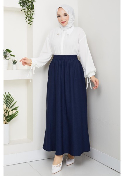 Lacivert Renk Ince Fitilli Kadife Kadın Etek Beli Lastikli 38 40 42 44 46 48 Bedenlere Uyumludur.