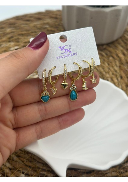 6 Adet Zirkon Taşlı Lüks Çelik Küpe