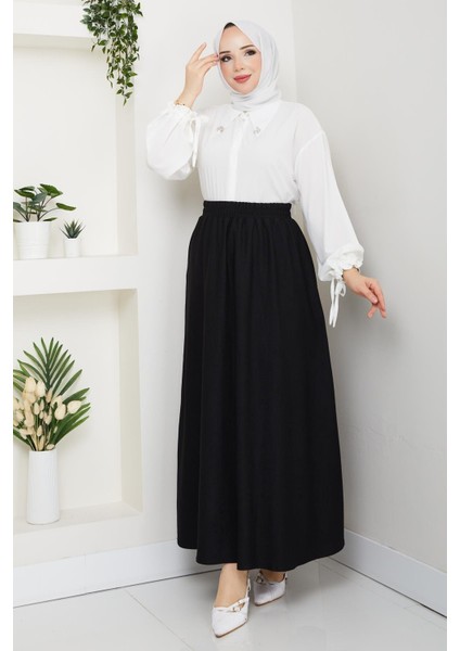 Siyah Ince Fitilli Kadife Kadın Etek Beli Lastikli 38 40 42 44 46 48 Bedenlere Uyumludur.