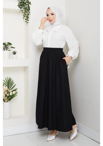 Siyah Ince Fitilli Kadife Kadın Etek Beli Lastikli 38 40 42 44 46 48 Bedenlere Uyumludur.