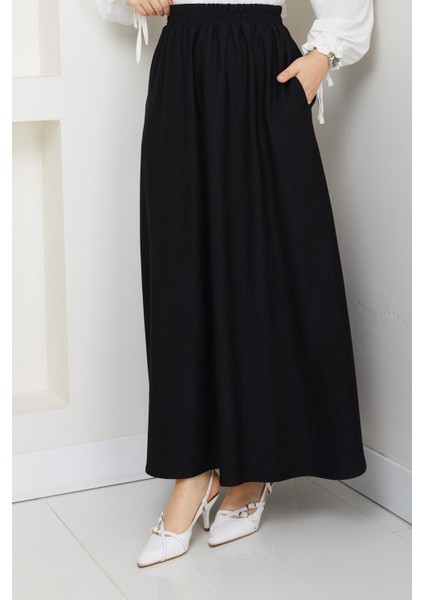Siyah Ince Fitilli Kadife Kadın Etek Beli Lastikli 38 40 42 44 46 48 Bedenlere Uyumludur.