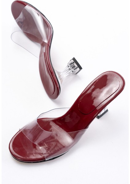 S-619 Bordo Rugan Şeffaf Bantlı Şeffaf Topuklu Yuvarlak Burunlu Kadın Terlik indirimleri