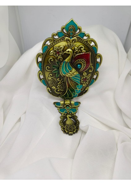 Lüks Turkuaz Tavus Kuşu Motifli Katlanır Ayna & Tarak Seti