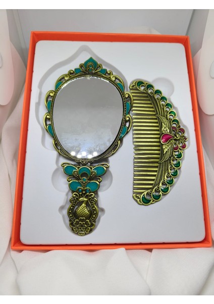 Lüks Turkuaz Tavus Kuşu Motifli Katlanır Ayna & Tarak Seti fiyatları