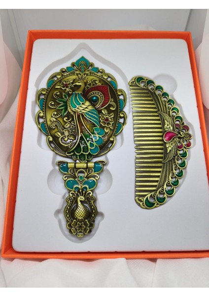 Lüks Turkuaz Tavus Kuşu Motifli Katlanır Ayna & Tarak Seti fırsatları