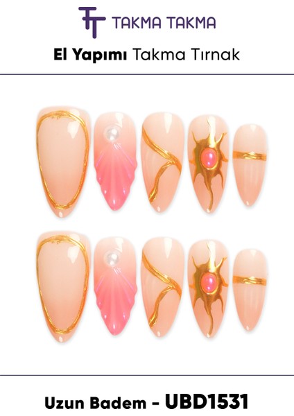 10'lu Ten Uzun Badem UBD1531 Tekrar Kullanılabilir El Yapımı Protez Takma Tırnak Ten Rengi-S