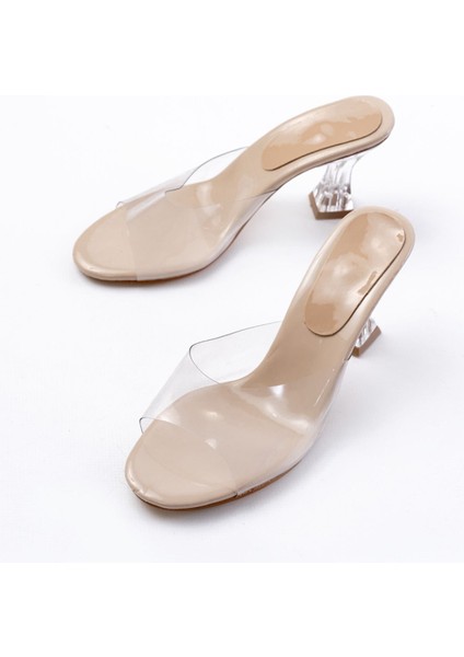 S-619 Bej Rugan Şeffaf Bantlı Şeffaf Topuklu Yuvarlak Burunlu Kadın Terlik modelleri