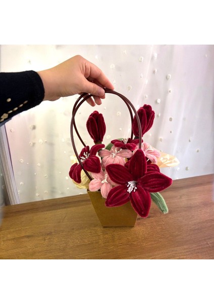 El Yapımı Şönil Lilyum Aranjmanı – Pembe & Bordo