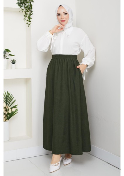Yeşil Renk Ince Fitilli Kadife Kadın Etek Beli Lastikli 38 40 42 44 46 48 Bedenlere Uyumludur.
