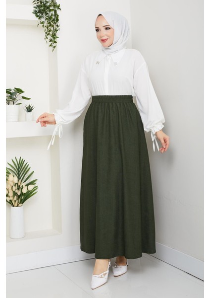 Yeşil Renk Ince Fitilli Kadife Kadın Etek Beli Lastikli 38 40 42 44 46 48 Bedenlere Uyumludur. modelleri
