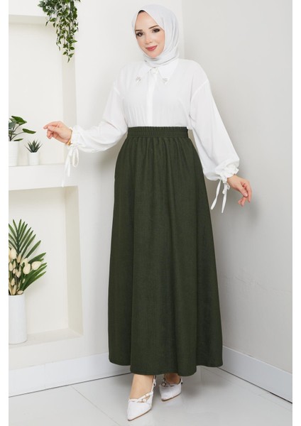 Yeşil Renk Ince Fitilli Kadife Kadın Etek Beli Lastikli 38 40 42 44 46 48 Bedenlere Uyumludur.
