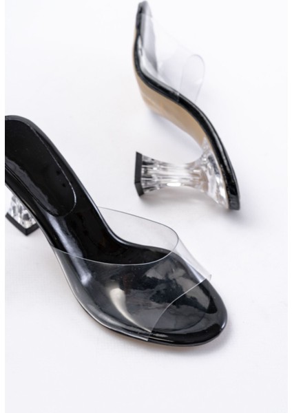 S-619 Siyah Rugan Şeffaf Bantlı Şeffaf Topuklu Yuvarlak Burunlu Kadın Terlik fırsatları