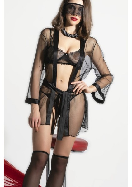 Kadın Hafif Tül Kısa Sabahlık ve Dantel Iç Giyim Set modelleri