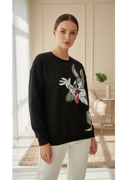 Kadın Siyah Baskılı Sweatshirt