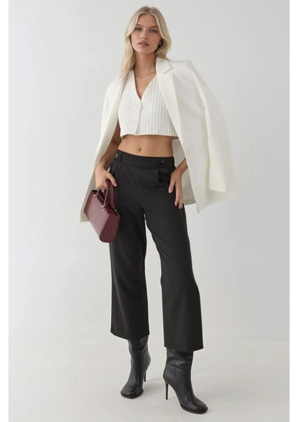 Kadın Düğme Detaylı Yüksek Bel Pantolon Siyah