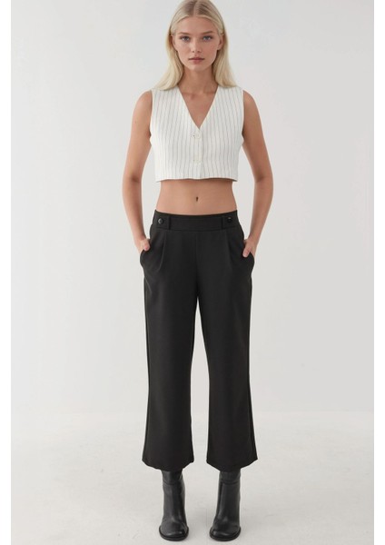 Kadın Düğme Detaylı Yüksek Bel Pantolon Siyah