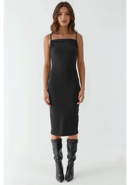 Kadın Degaje Yaka Bodycon Midi Elbise Siyah