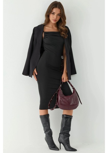 Kadın Degaje Yaka Bodycon Midi Elbise Siyah