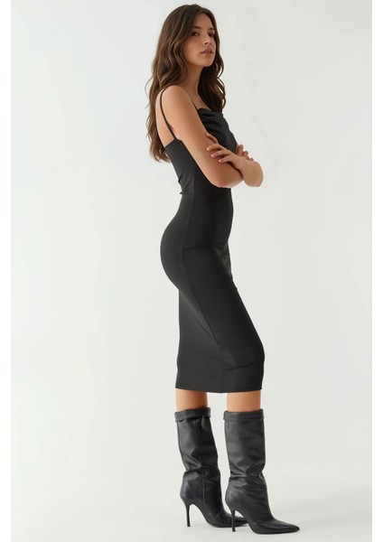 Kadın Degaje Yaka Bodycon Midi Elbise Siyah