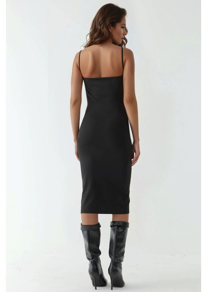 Kadın Degaje Yaka Bodycon Midi Elbise Siyah