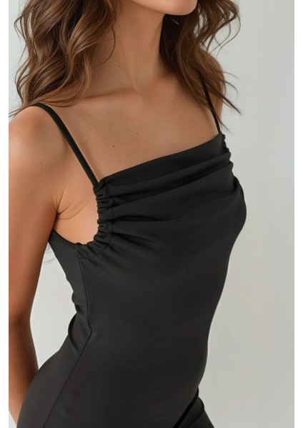 Kadın Degaje Yaka Bodycon Midi Elbise Siyah