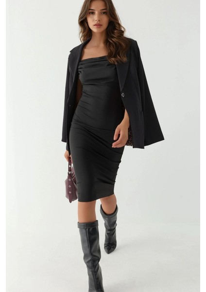 Kadın Degaje Yaka Bodycon Midi Elbise Siyah