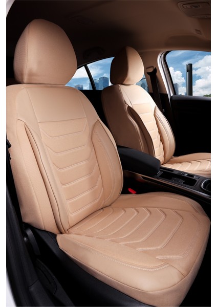 Volvo XC70 Deri Detaylı Oto Koltuk Kılıfı Ön Arka Set Karbon Serisi Bej Scr
