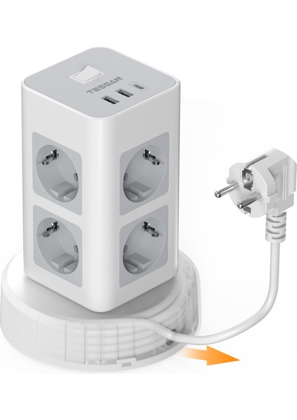 2 Metre Uzunluğu Ayarlanabilir Akım Korumalı 2 Usb-A 1 USB -C 8 Priz Çıkışlı Beyaz Renk Grup Priz